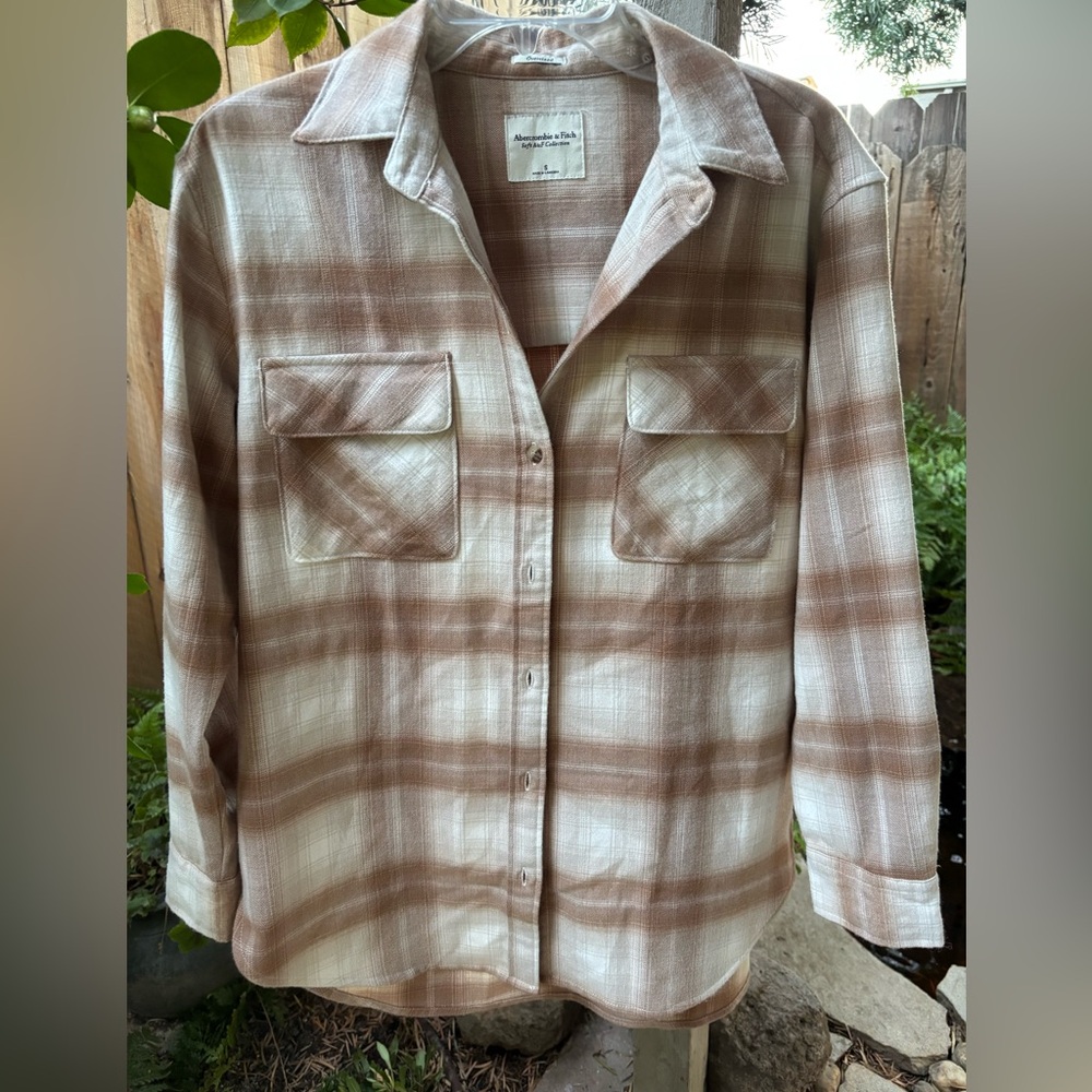 Abercrombie&Fitch Flannel SUPER SOFT Tan/Cream Plaid Shirt Sze S Oversize